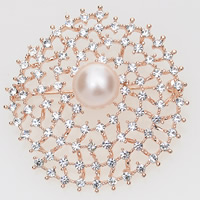 Glass Pearl Brooch Zinc Alloy with Glass Pearl Flower rose gold color plated with rhinestone mixed colors nickel lead & cadmium free 46mm Sold By Bag