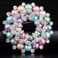 Glas perle broche, Zinc Alloy, med Glass Pearl, Flower, platin farve forgyldt, med rhinestone, nikkel, bly & cadmium fri, 50x50mm, 10pc'er/Bag, Solgt af Bag