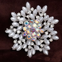Üvegből Pearl bross, Cink ötvözet, -val Glass Pearl, Virág, platina színű bevont, strasszos, nikkel, ólom és kadmium mentes, 40x40mm, 10PC-k/Bag, Által értékesített Bag