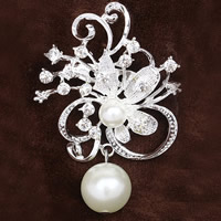 Glass Pearl Brooch Zinc Alloy with Plastic Pearl Flower silver color plated with rhinestone nickel lead & cadmium free Sold By Bag