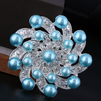 Cristal Broche Perla, aleación de zinc, con Perlas de vidrio, Flor, chapado en color de plata, con diamantes de imitación, azul, libre de níquel, plomo & cadmio, 47x47mm, 10PCs/Bolsa, Vendido por Bolsa