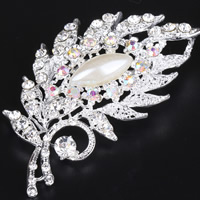 Glass Pearl Brooch Zinc Alloy with Glass Pearl Leaf silver color plated with rhinestone nickel lead & cadmium free Sold By Bag