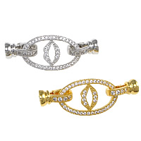 Brass Fold Over Clasp, Flat Oval, plated, with end cap & micro pave cubic zirconia, more colors for choice, nickel, lead & cadmium free, 40mm, 13x6x7mm, 19x15x4mm, Hole:Approx 4mm, 10PCs/Lot, Sold By Lot