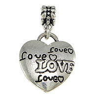 European Style Tibetan Style Dangle Beads, Heart, word love, antique silver color plated, without troll, nickel, lead & cadmium free, 35.5mmuff0c 21x23.5x2.5mm, 6x10.5mm, Hole:Approx 5mm, 50PCs/Lot, Sold By Lot