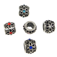 Tibetan Style Large Hole Bead, Drum, antique silver color plated, with rhinestone & hollow, more colors for choice, nickel, lead & cadmium free, 9x11.50mm, Hole:Approx 5.5mm, 50PCs/Lot, Sold By Lot