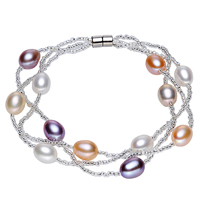 Sötvatten odlade Pearl Bracelet, Freshwater Pearl, med Glass Seed Beads, mässing magnetlås, Ris, naturlig, 3-slagen, flerfärgad, 6-7mm, Såld Per Ca 7 inch Strand