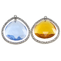 Glass Tibetan Style Pendant, with Glass, Teardrop, plated, faceted & with rhinestone, more colors for choice, nickel, lead & cadmium free, 33x37x7mm, Hole:Approx 2mm, 5PCs/Lot, Sold By Lot