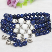 108 Mala Beads, Natural Lapis Lazuli, with Jade White & Nylon Cord & Tibetan Style, Round, antique silver color plated, Buddhist jewelry & 4-strand, nickel, lead & cadmium free, 6mm, Length:Approx 26 Inch, 5Strands/Lot, 108PCs/Strand, Sold By Lot