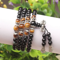 108 Mala Beads, Natural Black Obsidian, with Tiger Eye & Nylon Cord & Tibetan Style, Round, antique silver color plated, Buddhist jewelry & 4-strand, nickel, lead & cadmium free, 6mm, Length:Approx 26 Inch, 5Strands/Lot, 108PCs/Strand, Sold By Lot