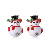 Christmas Earrings, Tibetan Style, with plastic earnut, stainless steel post pin, Snowman, gold color plated, Christmas jewelry & enamel & with rhinestone, nickel, lead & cadmium free, 15x22mm, 5Pairs/Bag, Sold By Bag