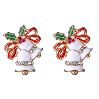Christmas Earrings Zinc Alloy with plastic earnut stainless steel post pin Christmas Bell gold color plated Christmas jewelry & enamel & with rhinestone nickel lead & cadmium free Sold By Bag