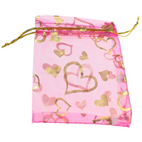 Fiber Chemical bolsa de cordão, with Corda de nylon, Retângulo, com padrão de coração & bronzeado, rosa, 95x121x1mm, 200PCs/Lot, vendido por Lot