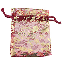 Chemical Fiber Drawstring Pouches with Satin Ribbon Rectangle with flower pattern & gold accent deep red Sold By Lot