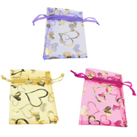 Chemical Fiber Drawstring Pouches, with Satin Ribbon, Rectangle, with heart pattern & gold accent, mixed colors, 70x93x1mm, 300PCs/Lot, Sold By Lot