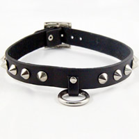 Fashion Choker Necklace, Cowhide, with Brass & Tibetan Style, Donut, platinum color plated, with rivet stud & punk style & adjustable, black, nickel, lead & cadmium free, 19mm, Length:Approx 16 Inch, 10Strands/Lot, Sold By Lot