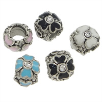 Tibetan Style Large Hole Bead, Rondelle, antique silver color plated, without troll & enamel & with rhinestone, mixed colors, nickel, lead & cadmium free, 8x10mm, Hole:Approx 4mm, 200PCs/Lot, Sold By Lot