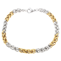 Stainless Steel Jewelry Bracelet, plated, wheat chain & two tone, 8x6x2mm, Length:Approx 9 Inch, 5Strands/Bag, Sold By Bag