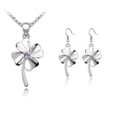 Tibetan Style Jewelry Sets, earring & necklace, with Austrian Crystal, Four Leaf Clover, platinum plated, violet,  1.7x4.3cm,  1.6x3.3cm, Length:Approx 17-20 Inch, Sold By Set