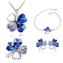 Brooch & bracelet & earring & necklace CRYSTALLIZED™ with Zinc Alloy with 4cm extender chain Four Leaf Clover platinum plated Dark Sapphire 1.5cm  Length Approx 17-20 Inch Approx 6.5 Inch Sold By Set