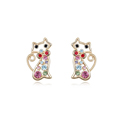 Tibetan Style Stud Earring, Cat, real gold plated, with Austria rhinestone, multi-colored, nickel, lead & cadmium free, 1.2x2.1cm, Sold By Pair