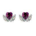 Boucles d'oreilles en cristal autrichien, avec alliage de zinc, Coeur avec des ailes, Plaqué de platine, violet, 1.6x1.2cm, Vendu par paire