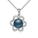 Collier de perles de cristal de CRYSTALLIZED™, Perle de CRYSTALLIZED™, avec laiton, avec 5cm chaînes de rallonge, fleur, Plaqué de platine, pavé de micro zircon, couleur bleu foncé, 15x20mm, Vendu par Environ 15.5 pouce brin