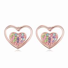 Tibetan Style Stud Earring, Heart, real rose gold plated, with Austria rhinestone, multi-colored, nickel, lead & cadmium free, 1.9x1.6cm, Sold By Pair