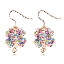 Clover Earrings, Tibetan Style, Four Leaf Clover, real gold plated, with Austria rhinestone, multi-colored, lead & cadmium free, 1.2x2.7cm, Sold By Pair