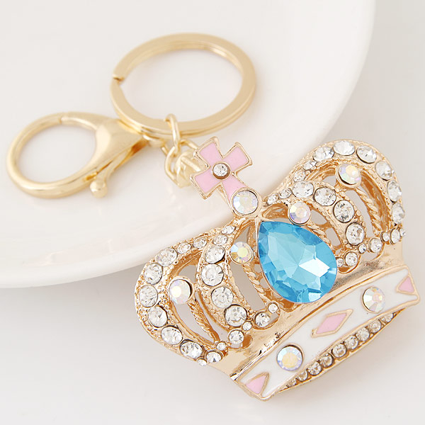 Bag Purse Charms Keyrings Keychains Zinc Alloy with Glass & Rhinestone Crown gold color plated light blue lead & cadmium free Length Approx 2.24 Inch Sold By PC