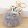 Fur Ball Pom Pom Keychain, Tibetan Style, with Rabbit Fur, Crown, gold color plated, with rhinestone, grey, lead & cadmium free, 65mm, Sold Per Approx 2.56 Inch Strand
