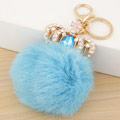 Fur Ball Pom Pom Keychain Zinc Alloy with Rabbit Fur Crown gold color plated with rhinestone light blue lead & cadmium free 65mm Sold Per Approx 2.56 Inch Strand