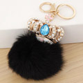 Fur Ball Pom Pom Keychain Zinc Alloy with Rabbit Fur Crown gold color plated with rhinestone black lead & cadmium free 65mm Sold Per Approx 2.56 Inch Strand