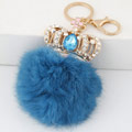 Fur Ball Pom Pom Nøglering, Zinc Alloy, med Kanin Hair, Crown, guldfarve belagt, med rhinestone, blå, bly & cadmium fri, 65mm, Solgt Per Ca. 2.56 inch Strand
