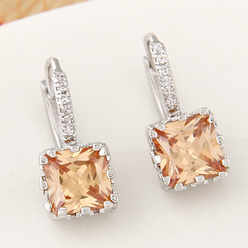 Brass Leverback Earring Square platinum color plated with cubic zirconia Champagne nickel lead & cadmium free Sold By Pair