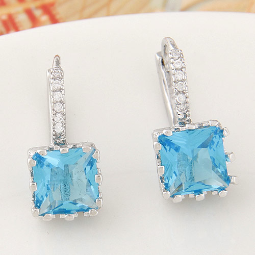 Brass Leverback Earring, Square, platinum color plated, with cubic zirconia, blue, nickel, lead & cadmium free, 20x9mm, Sold By Pair
