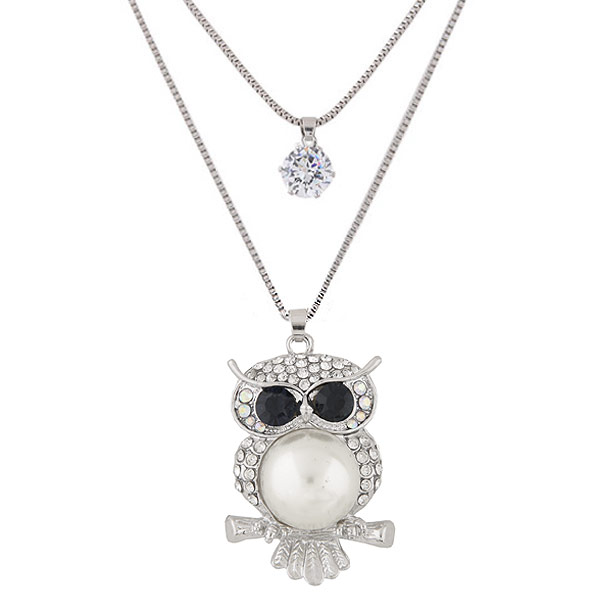 Multi Layer Necklace Zinc Alloy with ABS Plastic Pearl Owl platinum color plated box chain & with cubic zirconia & with rhinestone &  lead & cadmium free Sold Per 21.65 Inch Strand