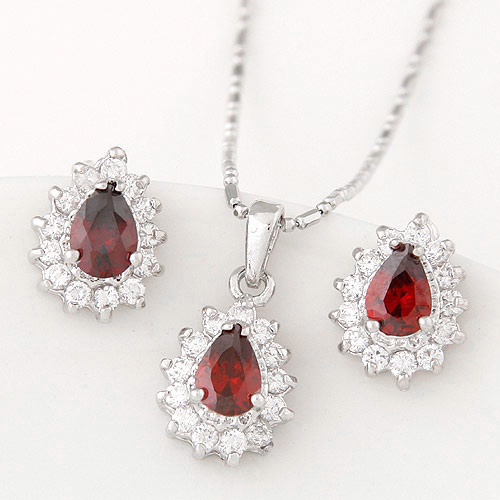 Brass Jewelry Set, earring & necklace, Teardrop, platinum color plated, ball chain & with cubic zirconia, red, nickel, lead & cadmium free, 400x12x10mm, Length:Approx 15.75 Inch, Sold By Set