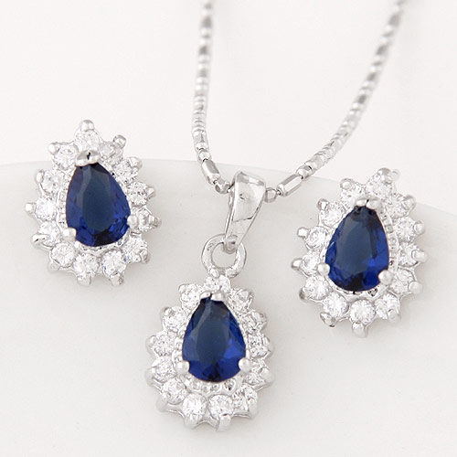 Cubic Zirconia Micro Pave Brass Jewelry Sets earring & necklace Teardrop platinum color plated with cubic zirconia blue nickel lead & cadmium free 12mm Length Approx 15.75 Inch Sold By Set