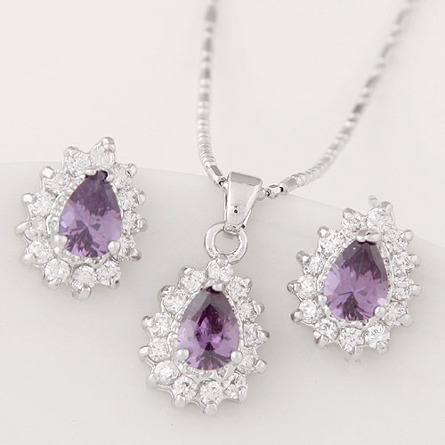 Brass Jewelry Set earring & necklace Teardrop platinum color plated ball chain & with cubic zirconia purple nickel lead & cadmium free Length Approx 15.75 Inch Sold By Set