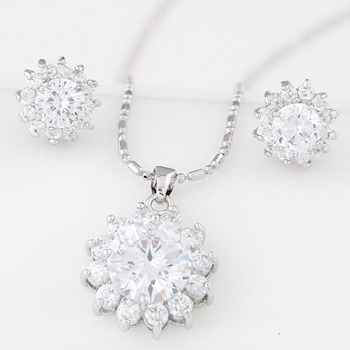 Brass Jewelry Set, earring & necklace, Flower, platinum plated, ball chain & with cubic zirconia & faceted, nickel, lead & cadmium free, 420x15mm, 10mm, Length:Approx 16.54 Inch, Sold By Set