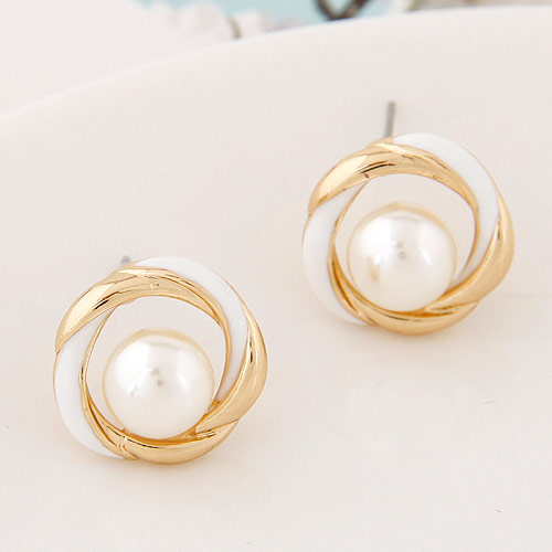 Zinc Alloy Stud Earring with ABS Plastic Pearl gold color plated enamel lead & cadmium free 14mm Sold By Pair