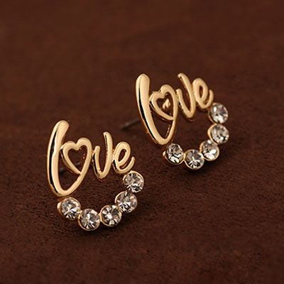 Rhinestone Earring, Tibetan Style, with Czech Rhinestone, Letter, real gold plated, lead & cadmium free, 12mm, Sold By Pair