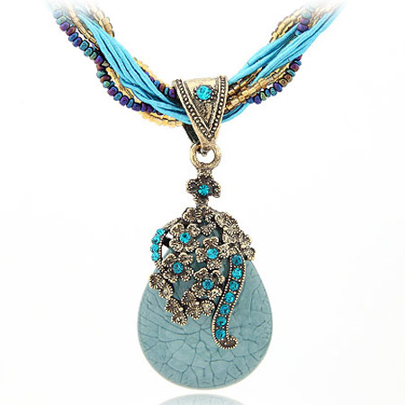 Resin Necklace, Tibetan Style, with Rhinestone & Resin, Teardrop, antique silver color plated, lead & cadmium free, 400x70x30mm, Sold Per Approx 15.75 Inch Strand