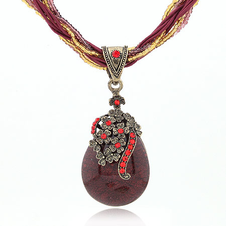 Resin Necklace, Tibetan Style, with Glass Seed Beads & Resin, Teardrop, gold color plated, deep red, lead & cadmium free, 400x70x30mm, Sold Per Approx 15.75 Inch Strand