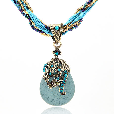 Harz Halskette, Zinklegierung, mit Glas-Rocailles & Harz, Tropfen, antike Bronzefarbe plattiert, blau, frei von Blei & Kadmium, 400x70x30mm, verkauft per ca. 15.75 ZollInch Strang