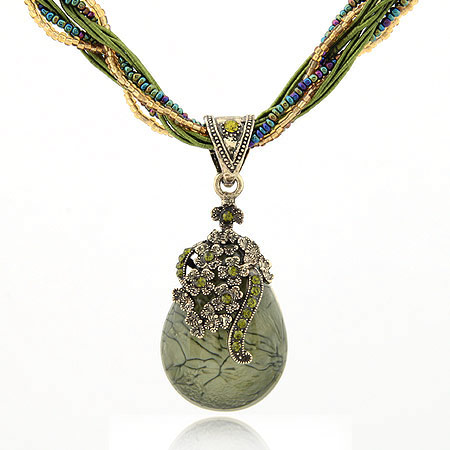 Resin Necklace, Tibetan Style, with Glass Seed Beads & Resin, Teardrop, antique bronze color plated, green, lead & cadmium free, 400x70x30mm, Sold Per Approx 15.75 Inch Strand