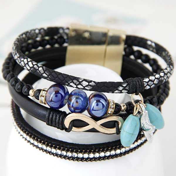 PU Leather Cord Bracelets, Tibetan Style, with Porcelain & PU Leather & Turquoise, gold color plated, 4-strand & with rhinestone, lead & cadmium free, 170x20mm, Sold Per 6.69 Inch Strand