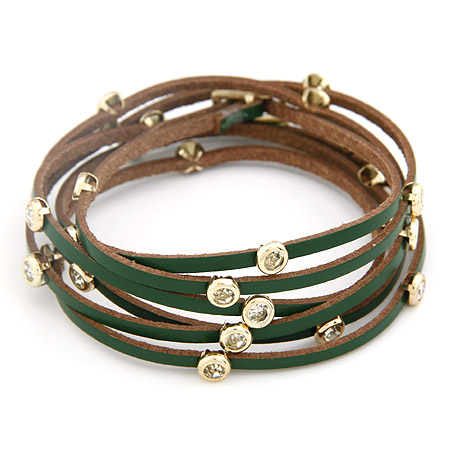 PU Leather Cord Bracelets, Tibetan Style, with PU Leather, gold color plated, with rivet stud & 6-strand & with rhinestone, green, lead & cadmium free, 1200x6mm, Sold Per Approx 47.24 Inch Strand