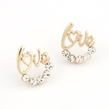 Rhinestone Earring Zinc Alloy Letter gold color plated lead & cadmium free 12mm Sold By Pair