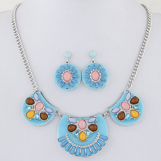 Resin Jewelry Sets earring & necklace Zinc Alloy with Resin platinum color plated twist oval chain blue 400mm Length Approx 15.75 Inch Sold By Set